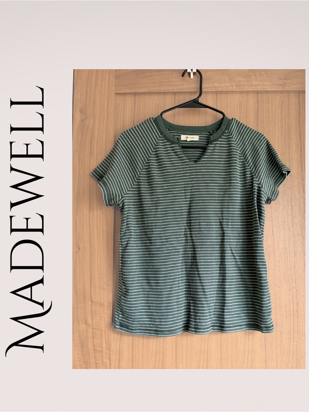 Madewell Olive Green and White Striped Short Sleeve Top